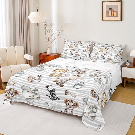 Feelyou Cartoon Elephant Tiger Full Size Sheets, Cute Leopard Zebra Bed Sheets, Chic Abstract Grey Sheet Sets, Super Cozy Room Decor, 4-Piece