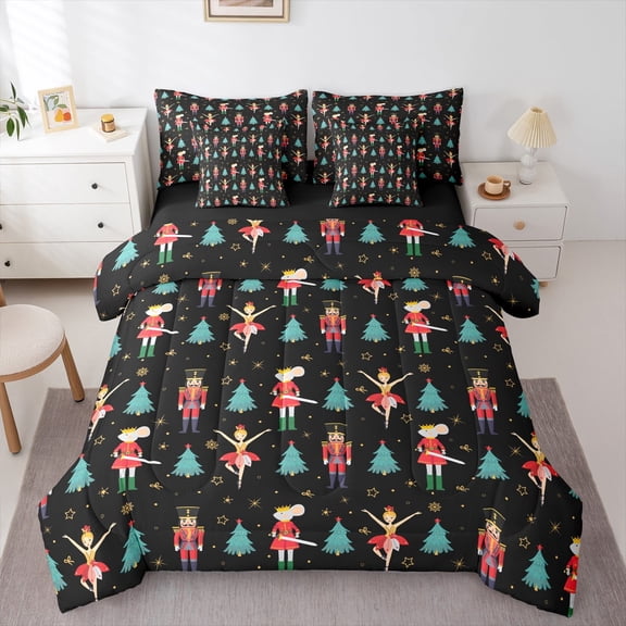 Feelyou Cartoon Elf Princess Bedding Comforter Set 7pcs, Fairy Tale Nutcracker King Bedding Sets, Green Christmas Tree Reversible Bed Sheets, Breathable Home Decor, 3pcs