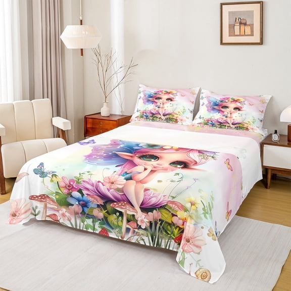 Feelyou Cartoon Fairy Elf Twin Sheet Sets, Jungle Mushroom Flower Twin Fitted Sheet, Dreamy Butterfly Animal Flat Sheet, Super Cozy Room Decor, 3 Pieces