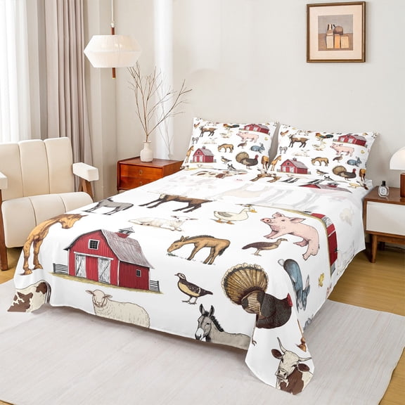 Feelyou Cartoon Farm Animal Bed Sheets for Kids, Rustic Pig Cow Horse King Sheets, Lodge Cabin Sheet Set, Lightweight Room Decor, 4-Piece