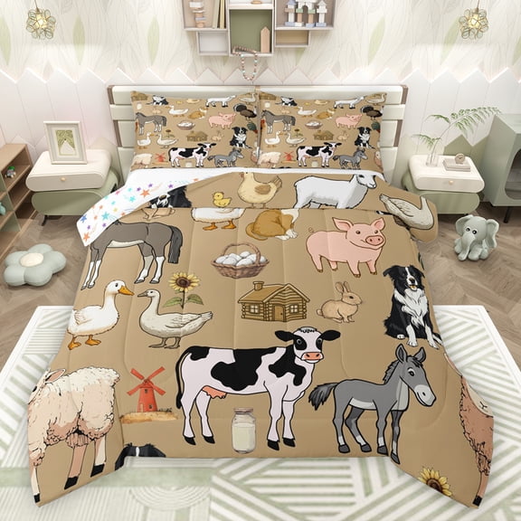 Feelyou Cartoon Farm Animal Bedding Comforter Set, Cute Pig Cow Donkey Twin Comforter Sets, Rustic Farmhouse Reversible Bedding Set, Super Cozy Room Decor, 2 Pieces