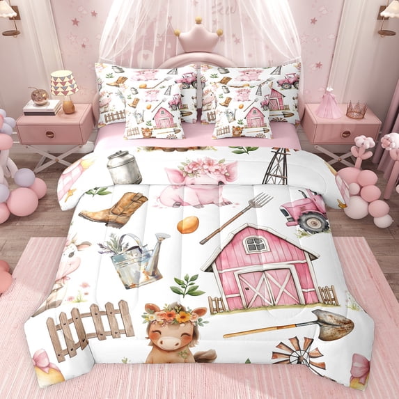 Feelyou Cartoon Farm Donkey Bedding Comforter Set 7pcs for Child, Pink Rustic Cabin King Bedding Sets, Kawaii Bowknot Cow Pig Reversible Bed Sheets, Super Cozy Room Decor