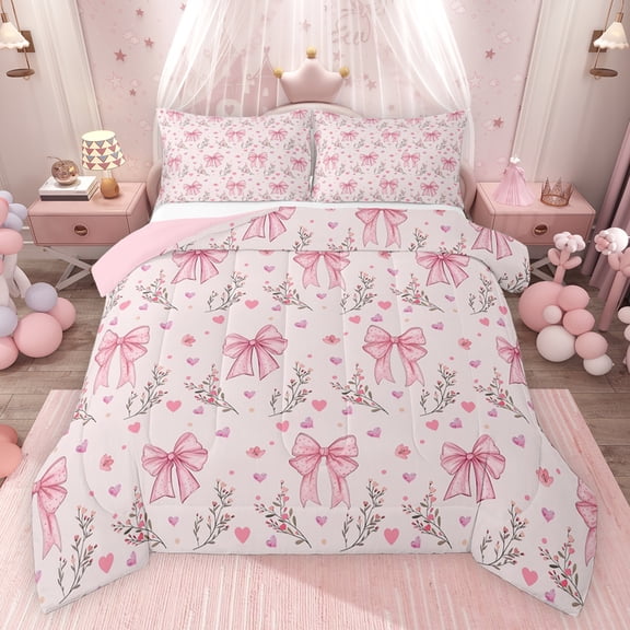 Feelyou Cartoon Fashion Bowknot Bedding Comforter Set for Girls, Kawaii Blossoms Flower Twin Comforter Sets, Fairy Tale Reversible Bedding Set, Luxury Bedroom Decor, 2pcs