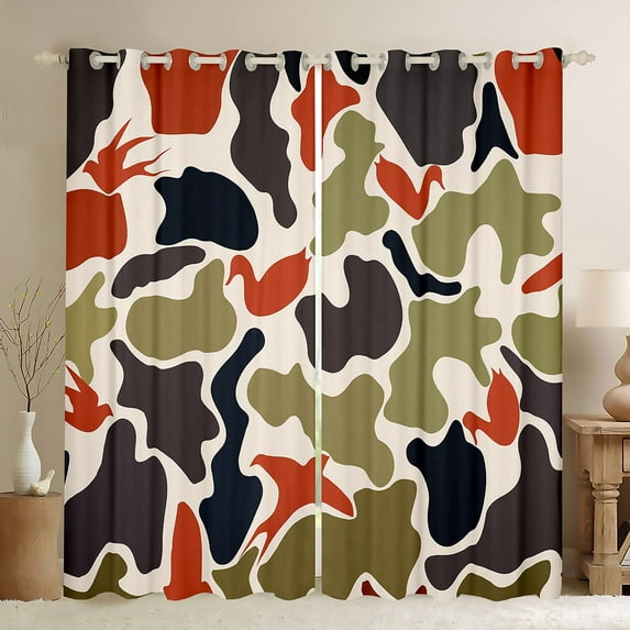 Feelyou Cartoon Fashion Camo Black Out Curtains for Teens, Chic Camouflage Curtains Pack of 2 (42x63 Each), Green Square Abstract Bedroom Curtains, Black Out Curtains Decor