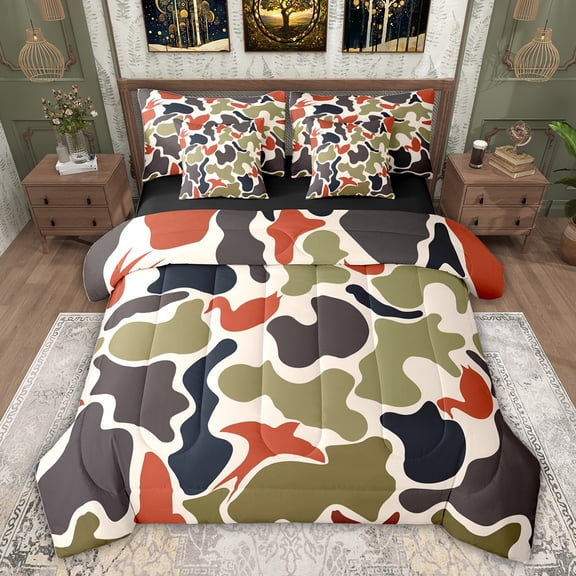 Feelyou Cartoon Fashion Camo Twin Bedding Sets 7-Piece for Teens, Chic Camouflage Bedding Comforter Set, Green Square Abstract Reversible Sheet Sets, Super Cozy Room Decor