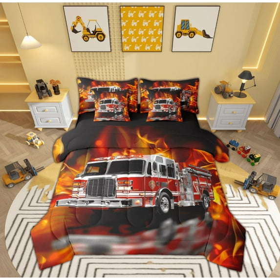 Feelyou Cartoon Fire Truck Bedding Comforter Set 7 Pieces for Teens, Fireman Car Full Bedding Set, Firefighter Reversible Fitted Sheet Flat Sheet, Breathable Home Decor