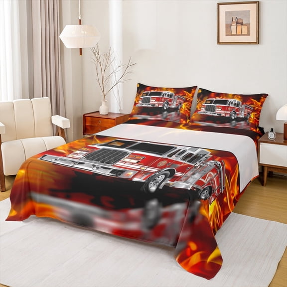 Feelyou Cartoon Fire Truck Full Size Sheets for Teens, Fireman Car Bed Sheets, Firefighter Sheet Sets, Breathable Home Decor, 4pcs