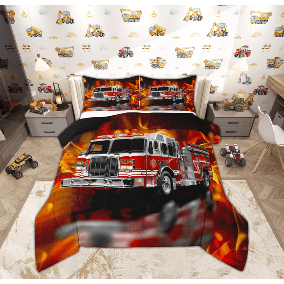 Feelyou Cartoon Fire Truck Queen Comforter Set for Teens, Fireman Car Bedding Sets, Firefighter Reversible Bedding Comforter Set, Breathable Home Decor, 3pcs