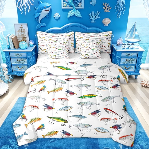 Feelyou Cartoon Fishing Twin Bedding Sets for Men, Outdoor Salt Wildlife Bedding Comforter Set, White Green, Reversible, 7 Pieces