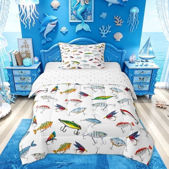 Feelyou Cartoon Fishing Twin Comforter Sets for Men, Outdoor Salt Wildlife Bedding Set, White Green, Reversible, 2 Pieces