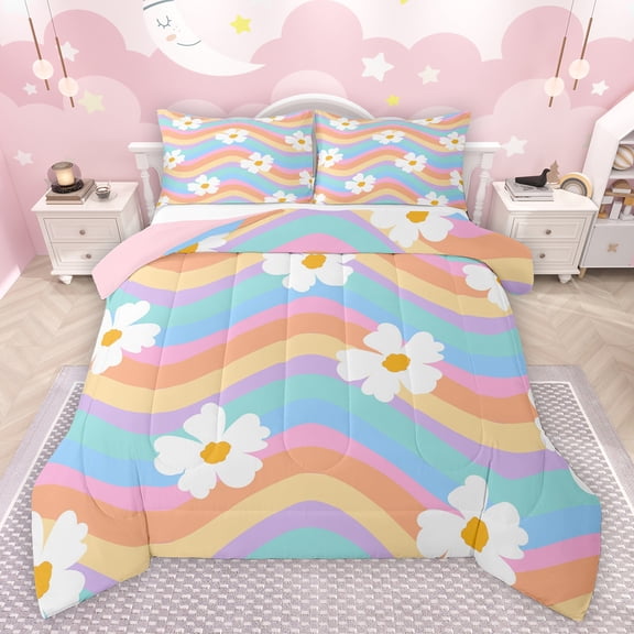 Feelyou Cartoon Floral Flower Bedding Comforter Set for Kids, Cherry Blossoms Twin Comforter Sets, Fashion Colorful Stripes Reversible Bedding Set, Super Cozy Room Decor, 2 Pieces