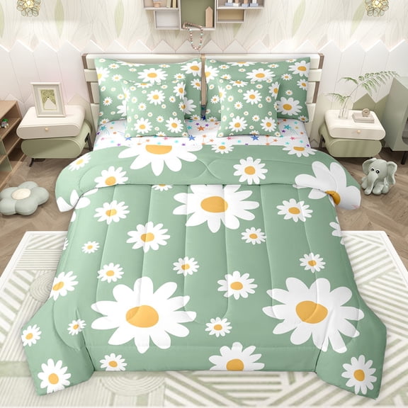 Feelyou Cartoon Floral Green Bedding Comforter Set 7pcs, Kawaii Blossoms Flower Queen Bedding Sets, Dreamy Princess Style Reversible Queen Sheet Sets, Ultra Soft Bedroom Decor