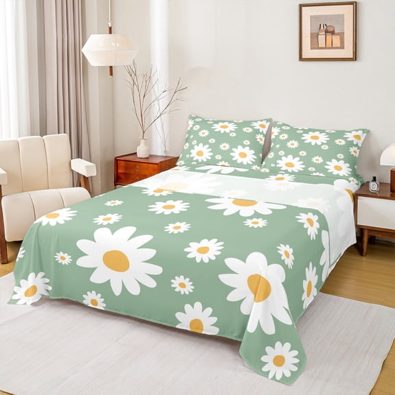 Feelyou Cartoon Floral Green Full Size Sheets, Kawaii Blossoms Flower Bed Sheets, Dreamy Princess Style Sheet Sets, Ultra Soft Bedroom Decor, 4 Pieces