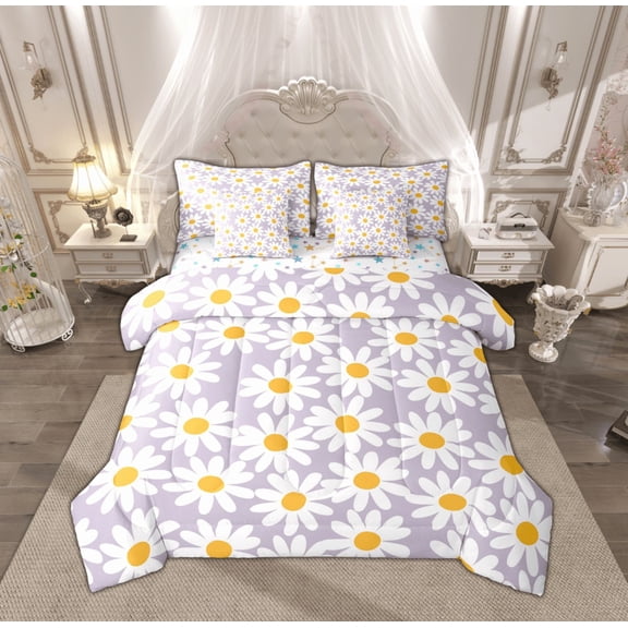 Feelyou Cartoon Flower Floral Bedding Comforter Set 7 Pieces for Kid, Rustic Groovy Daisy Full Bedding Set, Kawaii Cartoon Theme Reversible Fitted Sheet Flat Sheet, Super Cozy Room Decor