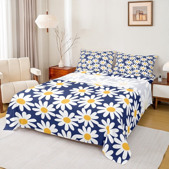 Feelyou Cartoon Flower Floral Full Size Sheets for Kid, Rustic Groovy Daisy Bed Sheets, Kawaii Cartoon Theme Sheet Sets, Lightweight Room Decor, 4 Pieces