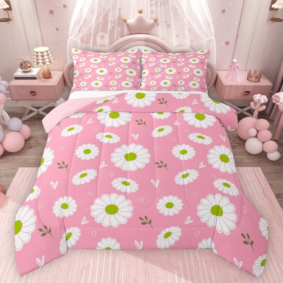 Feelyou Cartoon Flower Kids Twin Comforter Sets, Pink Groovy Floral Bedding Set, 2 Pieces