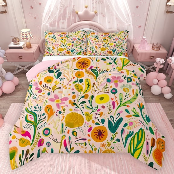 Feelyou Cartoon Flower Teens Twin Comforter Sets, Kawaii Plant Leaves Bedding Set, 2pcs