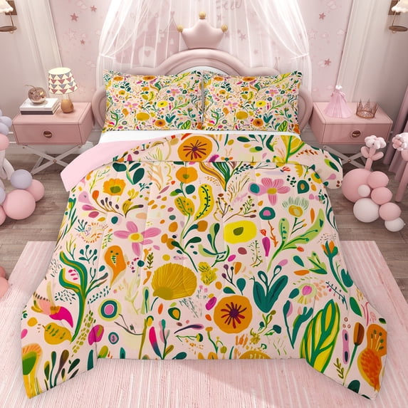 Feelyou Cartoon Flower Teens Twin Comforter Sets, Kawaii Plant Leaves Bedding Set, 2pcs