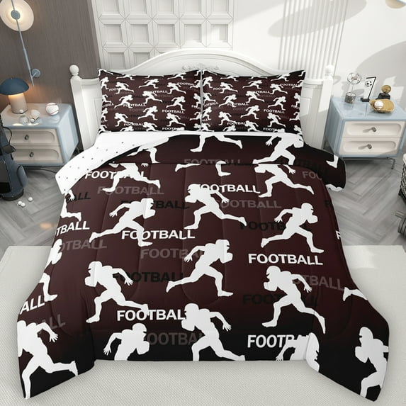 Feelyou Cartoon Football Athlete Queen Comforter Set, Vintage Rugby Lover Bedding Sets, Brown Cartoon Print Reversible Bedding Comforter Set, Ultra Soft Bedroom Decor, 3-Piece