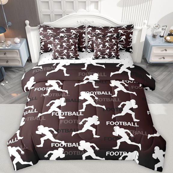 Feelyou Cartoon Football Athlete Twin Bedding Sets 7-Piece, Vintage Rugby Lover Bedding Comforter Set, Brown Cartoon Print Reversible Sheet Sets, Ultra Soft Bedroom Decor