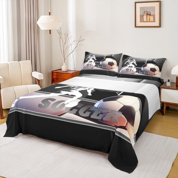 Feelyou Cartoon Football Athlete Twin Sheet Sets, Soccer Sports Gaming Twin Fitted Sheet, Teens Kids Boys Girls Flat Sheet, Luxury Bedroom Decor, 3 Pieces
