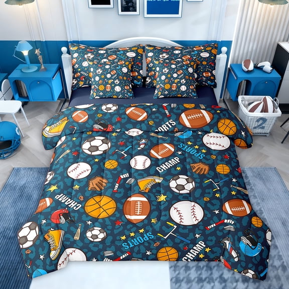 Feelyou Cartoon Football Baseball Bedding Comforter Set 7pcs, Basketball Gaming Queen Bedding Sets, Blue Leopard Print Reversible Queen Sheet Sets, Ultra Soft Bedroom Decor
