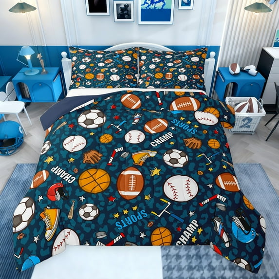 Feelyou Cartoon Football Baseball Bedding Comforter Set, Basketball Gaming Twin Comforter Sets, Blue Leopard Print Reversible Bedding Set, Ultra Soft Bedroom Decor, 2-Piece