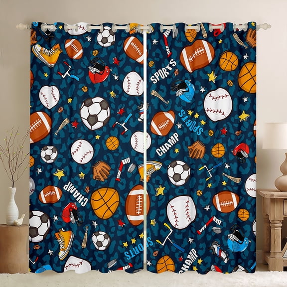 Feelyou Cartoon Football Baseball Black Out Curtains, Basketball Gaming Curtains Pack of 2 (42x63 Each), Blue Leopard Print Bedroom Curtains, Living Room Curtains Decor