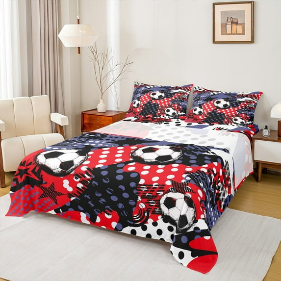 Feelyou Cartoon Football Boys Bed Sheets, Art Graffiti Abstract King Sheets, Soccer Sport Lover Sheet Set, Breathable Home Decor, 4pcs