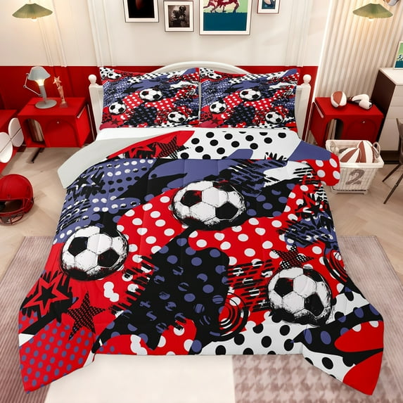 Feelyou Cartoon Football Boys Full Size Comforter Sets, Art Graffiti Abstract Bedding Comforter Set, Soccer Sport Lover Reversible Bedding Sets, Breathable Home Decor, 3pcs