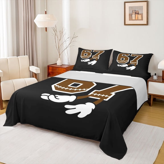 Feelyou Cartoon Football Brown 67 Queen Sheets for Boys, Funny Sport Number Queen Sheet Sets, 4pcs, 1 Flat Sheet, 1 Fitted Sheet and 2 Pillowcases