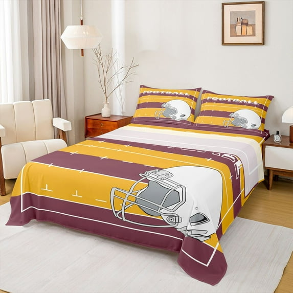 Feelyou Cartoon Football Helmet Bed Sheets, Brown Gold Stripes Lines King Sheets, Soccer Sport Lover Sheet Set, Ultra Soft Bedroom Decor, 4 Pieces
