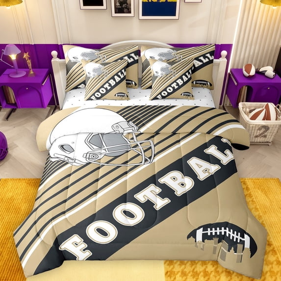 Feelyou Cartoon Football Helmet Bedding Comforter Set 7pcs, Khaki Black Stripes Lines Queen Bedding Sets, Soccer Sport Lover Reversible Queen Sheet Sets, Lightweight Room Decor