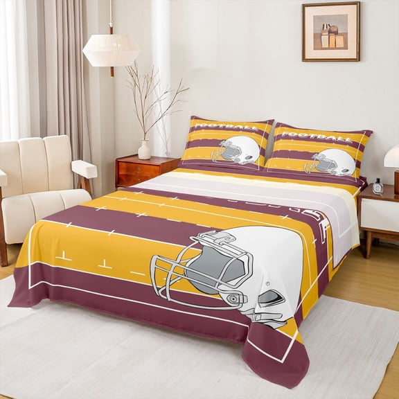 Feelyou Cartoon Football Helmet Twin Sheet Sets, Brown Gold Stripes Lines Twin Fitted Sheet, Soccer Sport Lover Flat Sheet, Ultra Soft Bedroom Decor, 3 Pieces