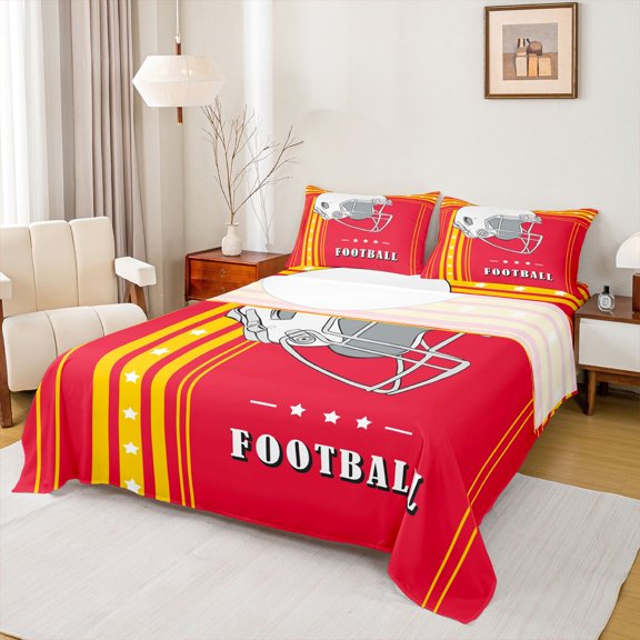 Feelyou Cartoon Football Helmet Twin Sheet Sets, Red Gold Stripes Lines Twin Fitted Sheet, Soccer Sport Lover Flat Sheet, Super Cozy Room Decor, 3pcs
