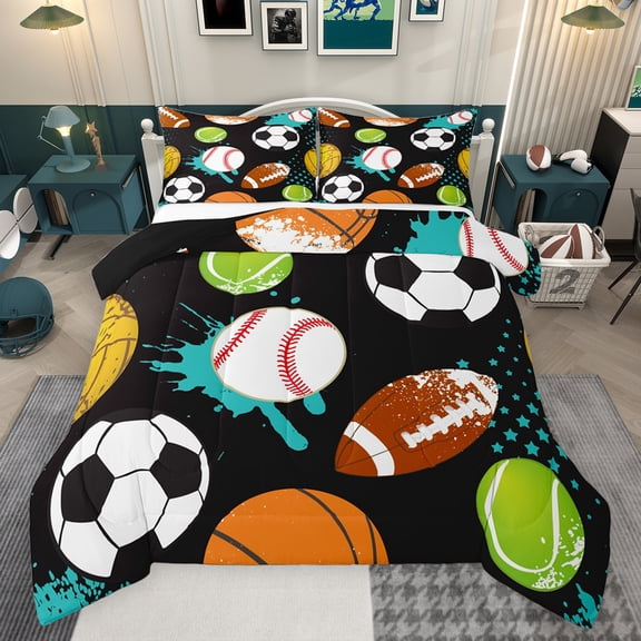 Feelyou Cartoon Football Print Bedding Comforter Set, Rugby Soccer Lover Twin Comforter Sets, Teens Kids Boys Girls Reversible Bedding Set, Luxury Bedroom Decor, 2-Piece