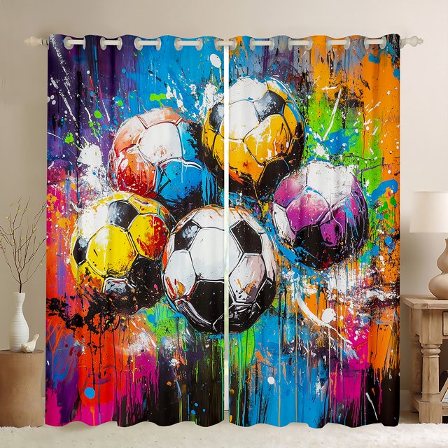 Feelyou Cartoon Football Print Black Out Curtains, Fashion Splatter Artwork Curtains Pack of 2 (42x63 Each), Teens Kids Girls Boys Bedroom Curtains, Blackout Curtains Room Decor