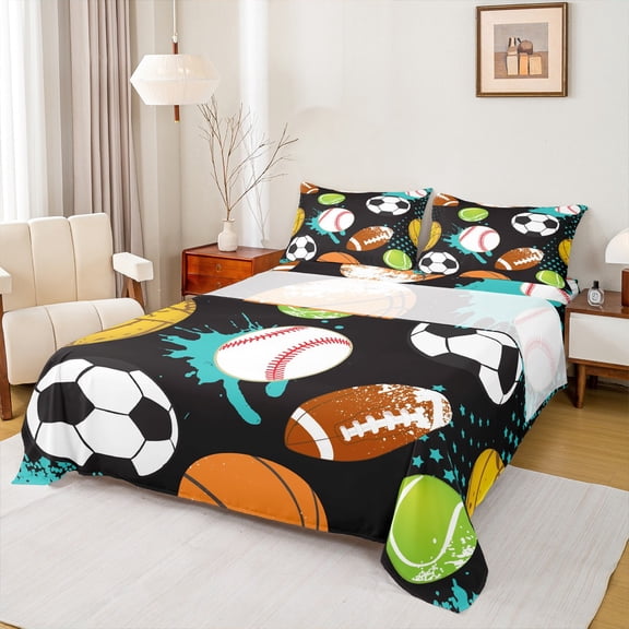 Feelyou Cartoon Football Print Full Size Sheets, Rugby Soccer Lover Bed Sheets, Teens Kids Boys Girls Sheet Sets, Luxury Bedroom Decor, 4-Piece
