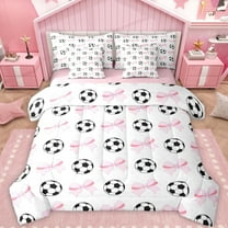 Feelyou Cartoon Football Print Twin Bedding Sets 7-Piece, Kawaii Pink Ribbon Bedding Comforter Set, Teens Kids Boys Girls Reversible Sheet Sets, Breathable Home Decor
