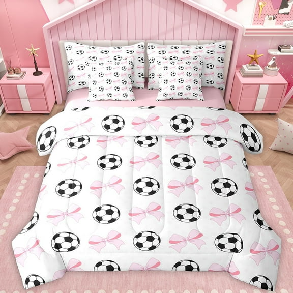 Feelyou Cartoon Football Print Twin Bedding Sets 7-Piece, Kawaii Pink Ribbon Bedding Comforter Set, Teens Kids Boys Girls Reversible Sheet Sets, Breathable Home Decor