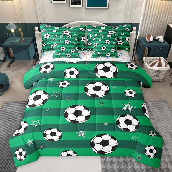 Feelyou Cartoon Football Soccer Bedding Comforter Set 7pcs, Stars Print King Bedding Sets, Green Stripe Abstract Reversible Bed Sheets, Luxury Bedroom Decor