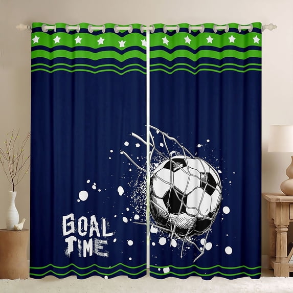 Feelyou Cartoon Football Soccer Black Out Curtains, Navy Green Stars Lines Curtains Pack of 2 (42x63 Each), Teens Kids Boys Girls Bedroom Curtains, Blackout Curtains Room Decor