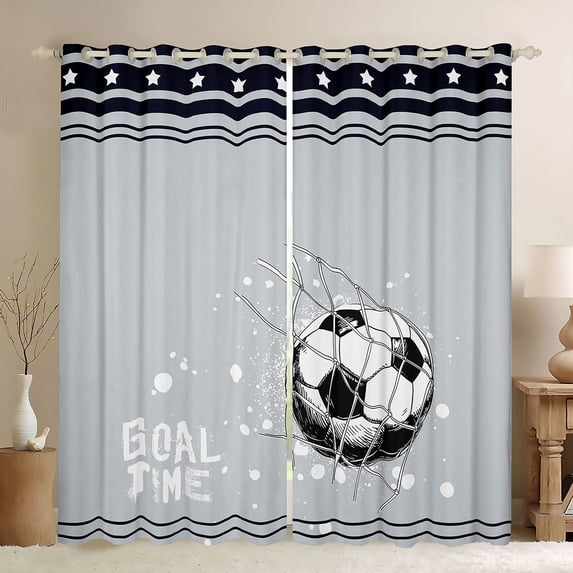 Feelyou Cartoon Football Soccer Curtains Pack of 2 (42x84 Each), Grey Black Stars Lines Curtains Blackout, Teens Kids Boys Girls Bedroom Curtains, Curtains and Drapes Decor