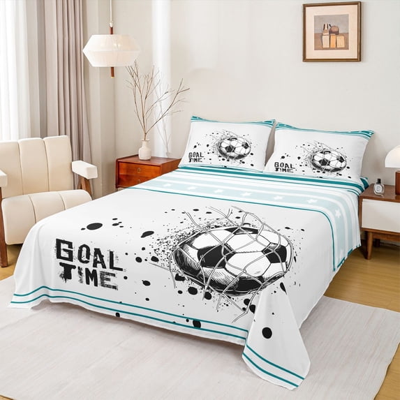 Feelyou Cartoon Football Soccer Full Size Sheets, White Teal Stars Lines Bed Sheets, Teens Kids Boys Girls Sheet Sets, Microfiber Bedroom Decor, 4-Piece