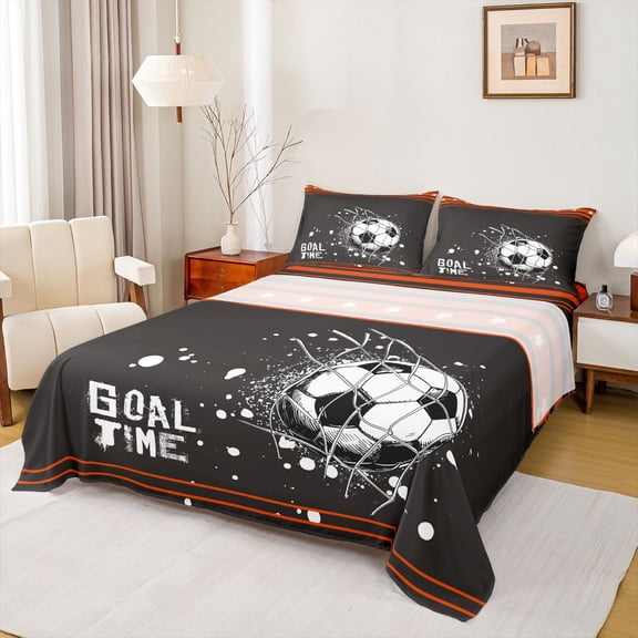 Feelyou Cartoon Football Soccer Twin Sheet Sets, Brown Orange Stars Lines Twin Fitted Sheet, Teens Kids Boys Girls Flat Sheet, Lightweight Room Decor, 3-Piece