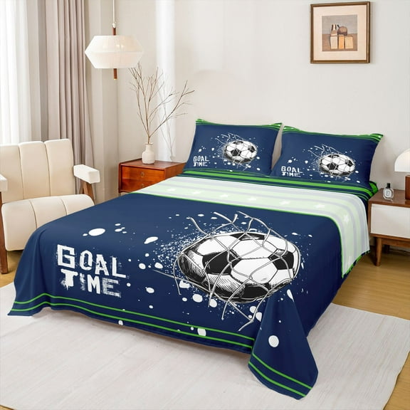 Feelyou Cartoon Football Soccer Twin Sheet Sets, Navy Green Stars Lines Twin Fitted Sheet, Teens Kids Boys Girls Flat Sheet, Super Cozy Room Decor, 3-Piece