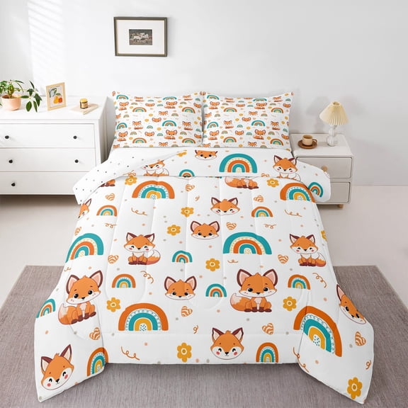 Feelyou Cartoon Fox Animal Bedding Comforter Set, Dreamy Rainbow Flower Twin Comforter Sets, Teen Kid Boy Girl Reversible Bedding Set, Ultra Soft Home Decor, 2 Pieces