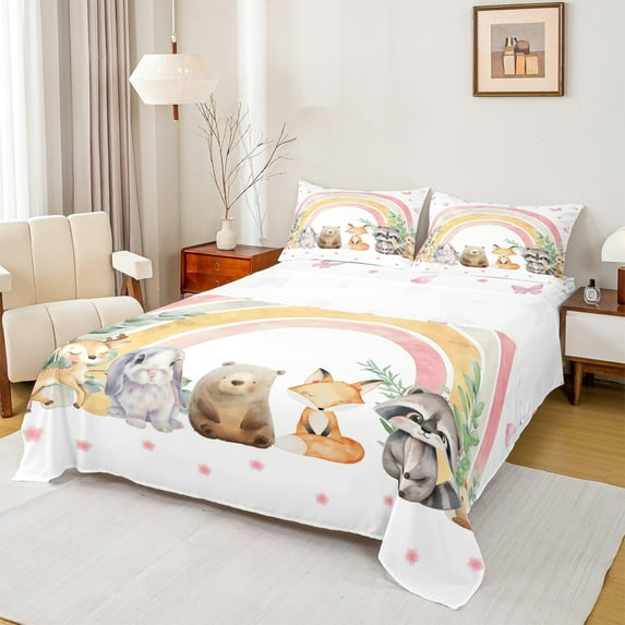 Feelyou Cartoon Fox Bear Bed Sheets, Cartoon Dreamy Rainbow King Sheets, Pink Butterfly Flower Sheet Set, Super Cozy Room Decor, 4 Pieces