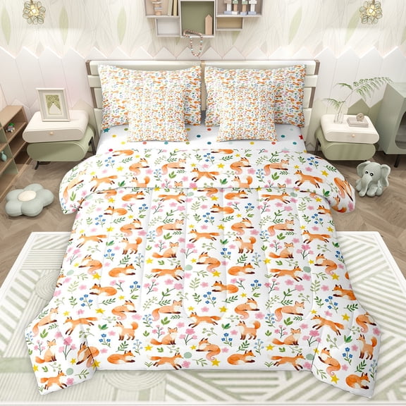 Feelyou Cartoon Fox Twin Bedding Sets 7-Piece, Flower Leaf Plant Bedding Comforter Set