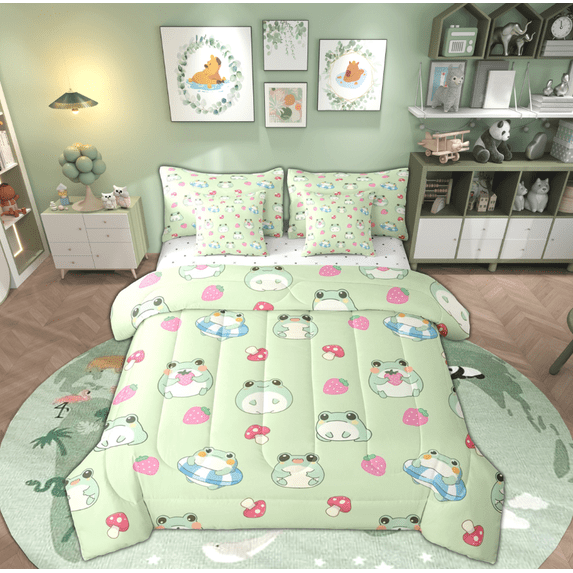 Feelyou Cartoon Frog Prince Bedding Comforter Set 7 Pieces for Kids, Kawaii Red Mushroom Full Bedding Set, Cute Animal Fitted Sheet Flat Sheet, Lightweight Room Decor